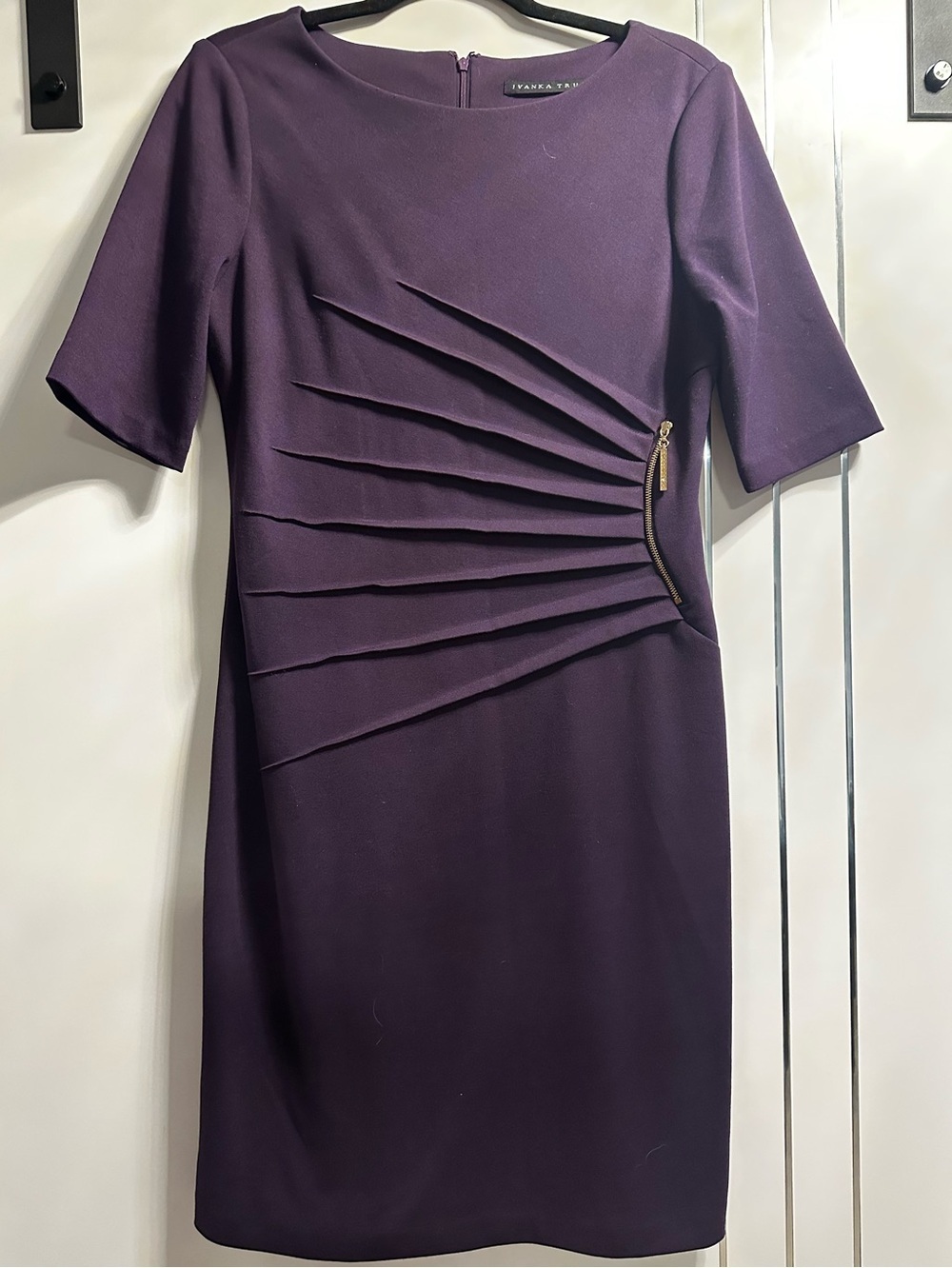 Ivanka Trump Deep Purple Pleated Sunburst Sheath Dress with Gold Zip Accent